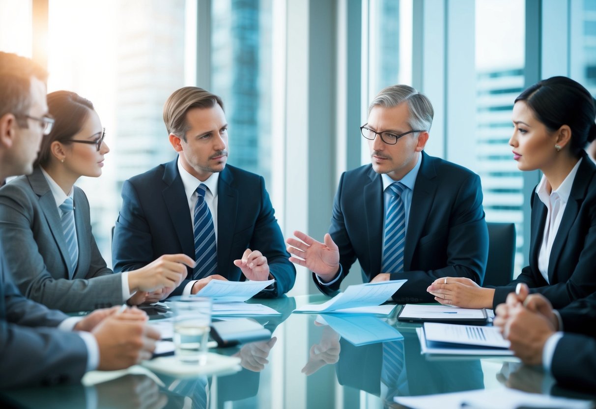 Un groupe de professionnels du secteur discutant des aspects financiers de la gestion de l'échec d'un membre de GME dans un cadre de salle de réunion.