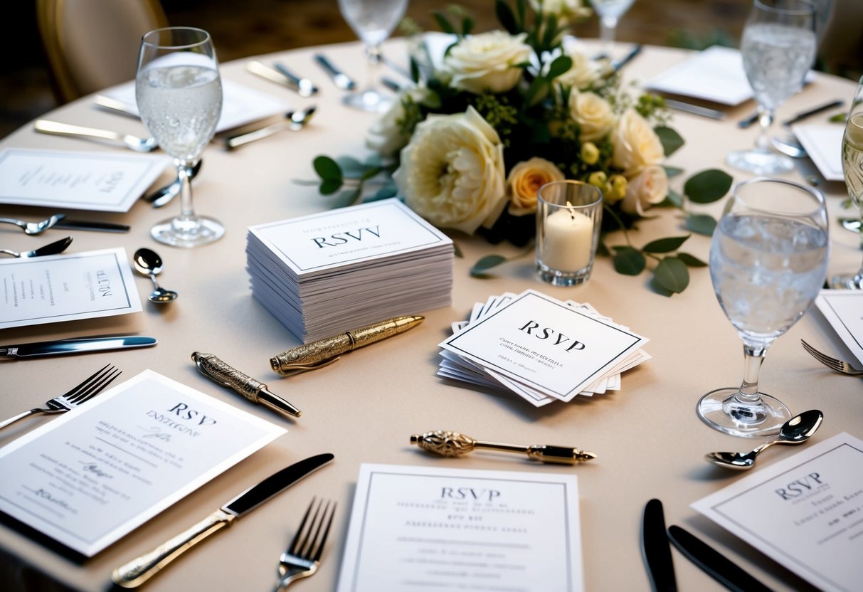 A beautifully arranged table with elegant place settings and an array of invitation cards scattered across the surface. A stack of RSVP cards sits neatly beside a decorative pen
