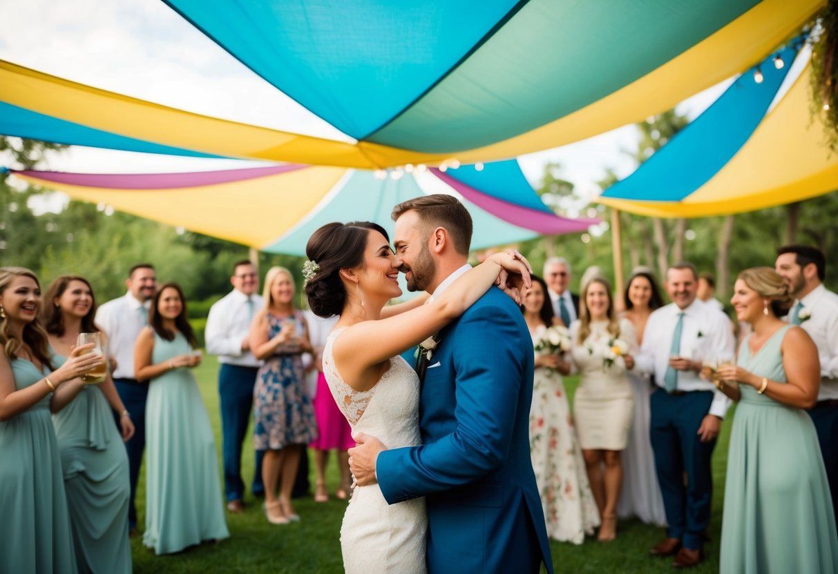 A couple embraces under a colorful canopy in a serene outdoor setting, surrounded by friends and loved ones, celebrating their wedding with music, food, and laughter