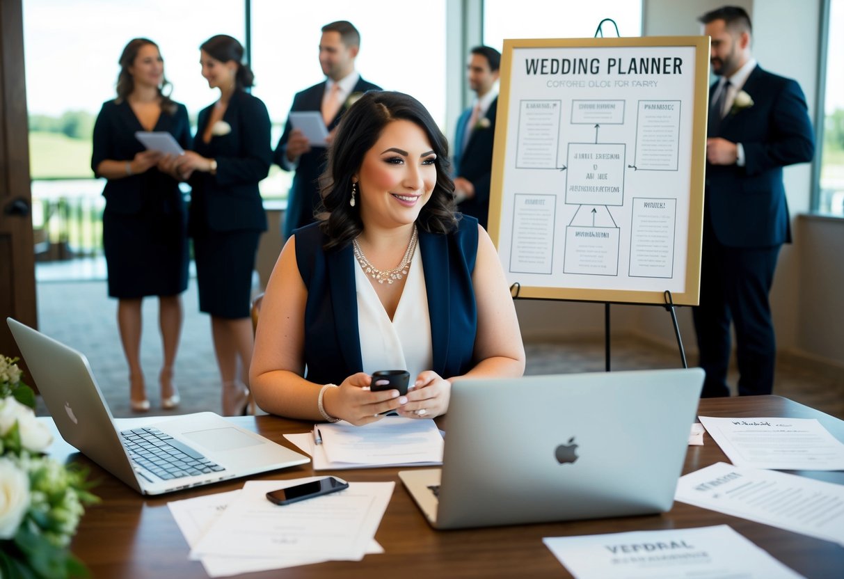 A wedding planner sits at a desk with a laptop and phone, surrounded by papers and a floor plan of the venue. Vendors' contact information is displayed on a board