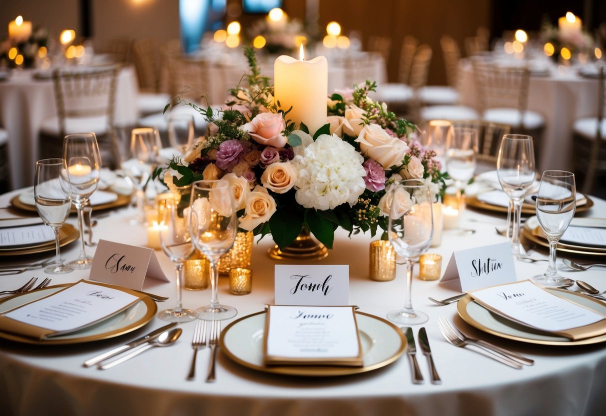 A beautifully arranged table with elegant place settings and name cards for each guest, surrounded by floral centerpieces and soft candlelight