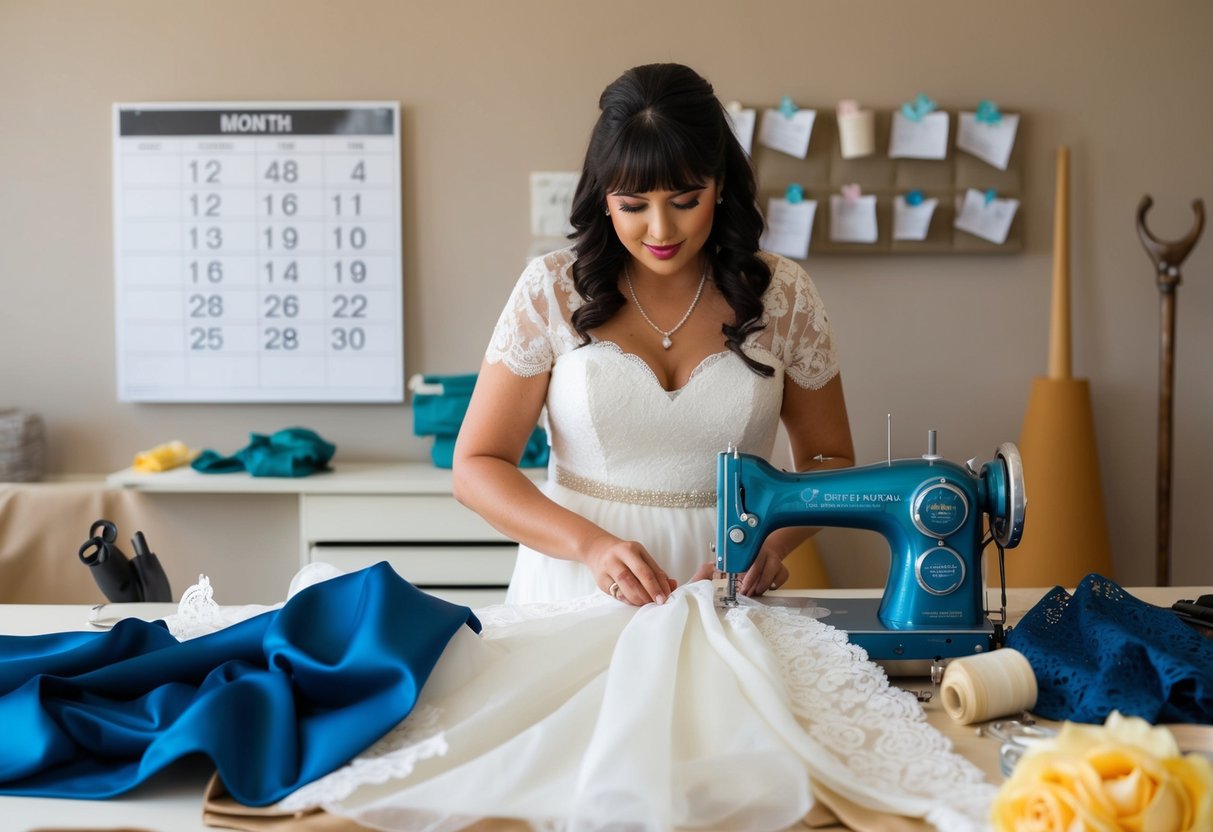A seamstress working on a wedding dress, surrounded by fabric, lace, and sewing tools. A calendar on the wall shows seven months marked off