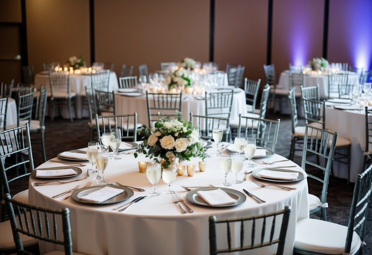 A table set for a wedding reception with place settings for the groom's family and empty seats for their invited guests