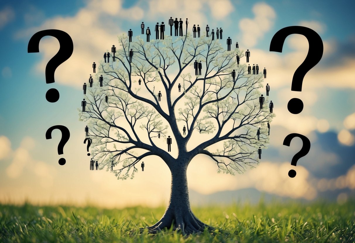 A family tree with branches representing the groom's family and their potential guest list, surrounded by question marks and exclamation points