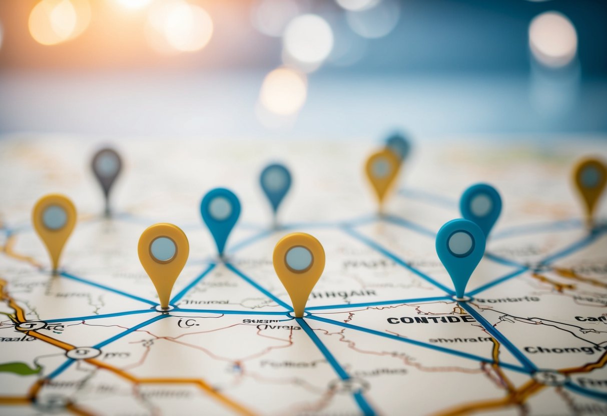 A map showing various locations with lines connecting them to a central point