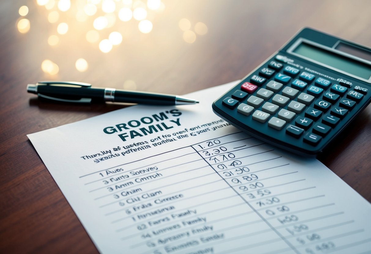 A table with a pen, paper, and calculator. On the paper, a list of potential guests for the groom's family, with numbers being added up
