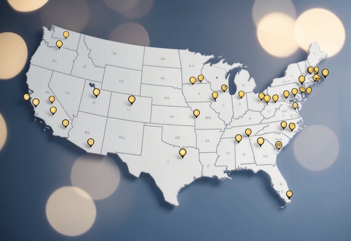 A map of the United States with various pins marking the locations of out-of-town wedding guests