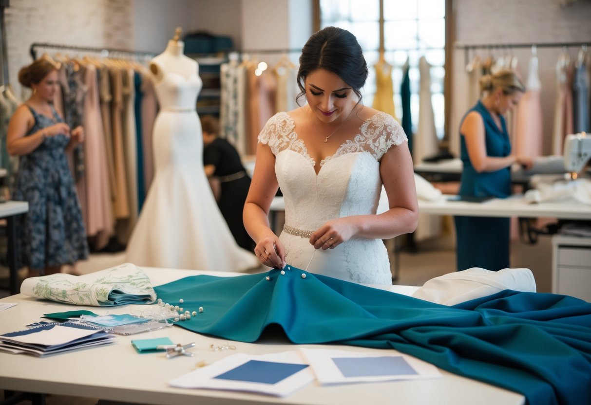 A wedding dress being measured, pinned, and sewn by a seamstress in a bustling atelier, with fabric swatches and design sketches scattered across the worktable