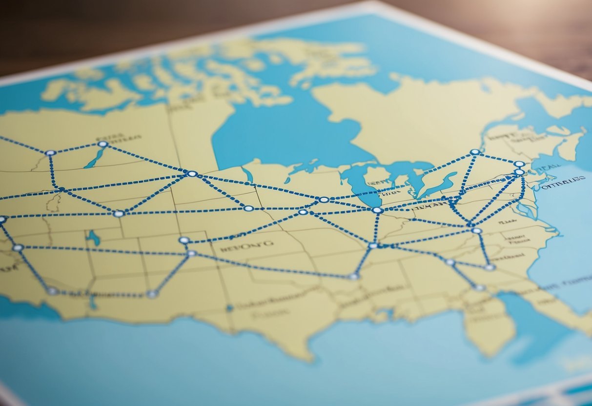 A map with dotted lines connecting various locations, representing the travel routes of out-of-town wedding guests