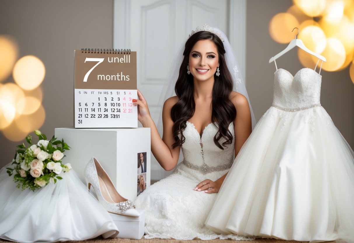 A bride-to-be surrounded by a variety of wedding dress options, with a calendar showing 7 months until the wedding date