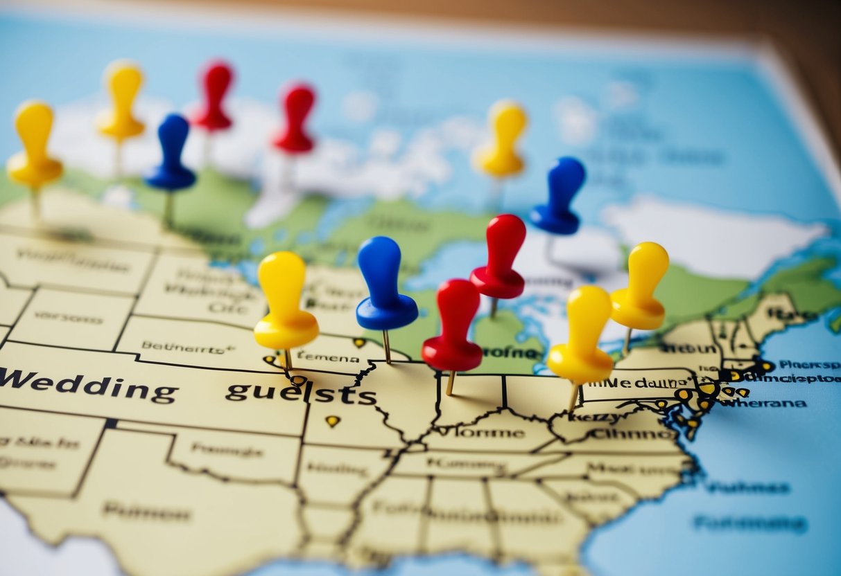 A map with pins representing out-of-town guests coming to a wedding, with a larger percentage of pins clustered in certain areas