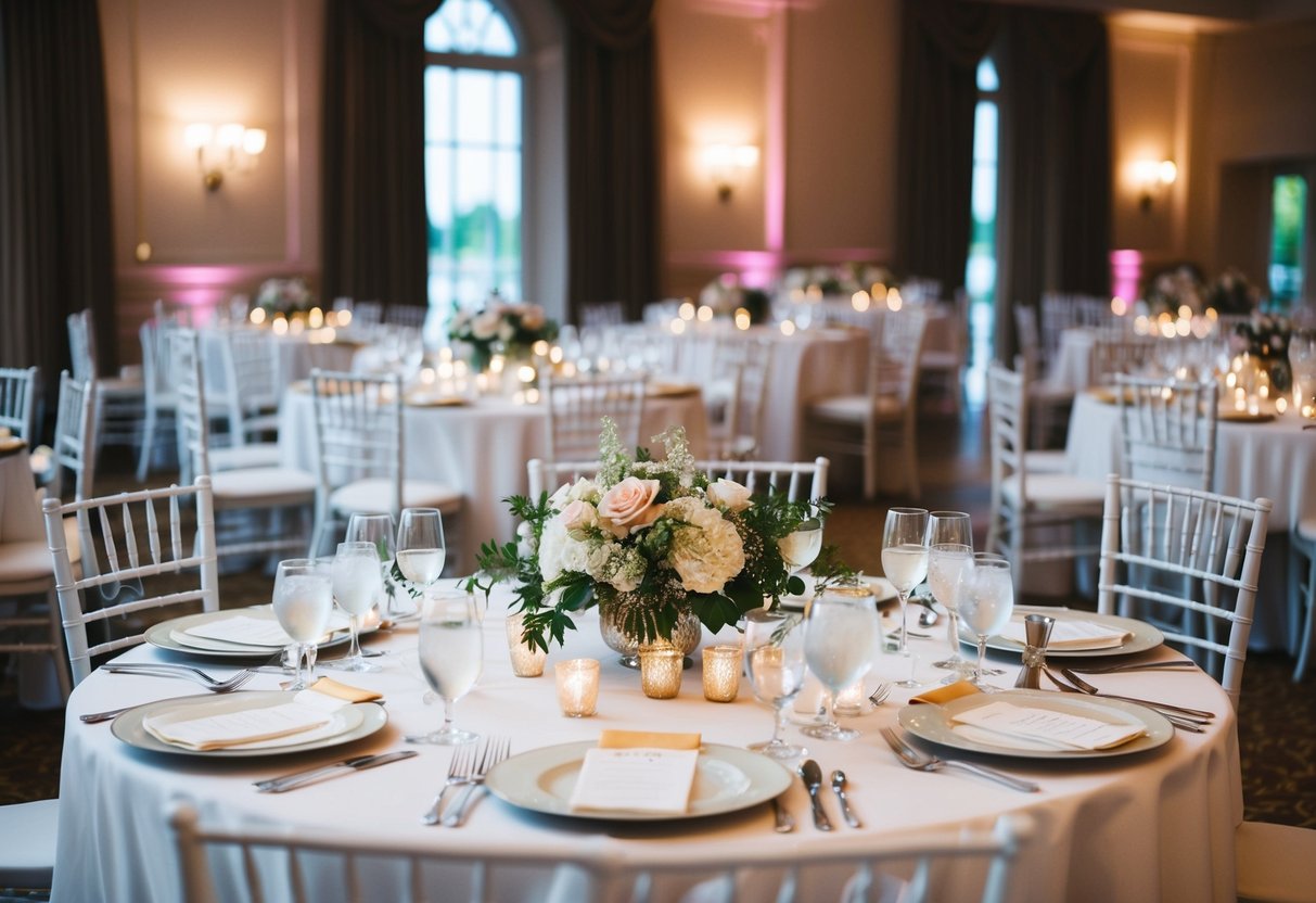 A wedding reception with elegant place settings and floral centerpieces, but no children's chairs or high chairs in sight