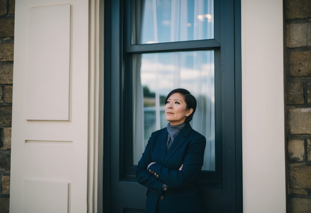 A person standing alone outside a closed wedding venue, looking through the window with a curious and slightly hurt expression