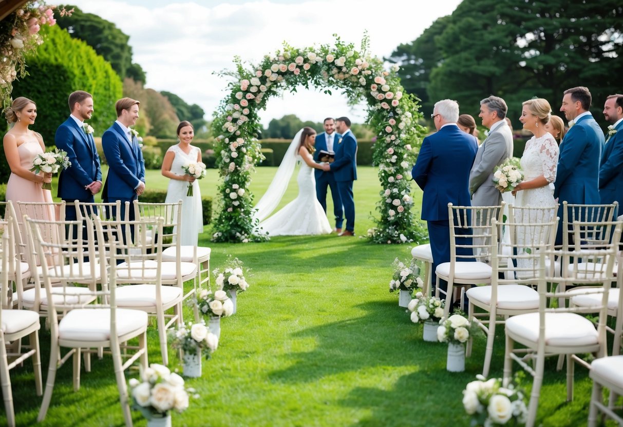 A serene wedding ceremony in a garden setting, with elegant chairs arranged under a floral archway. Children playing in the background, while adults engage in conversation