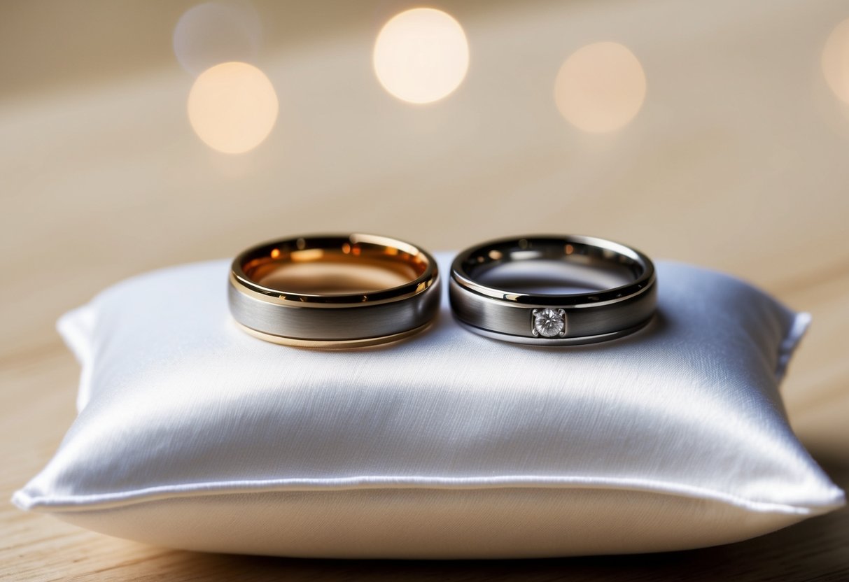 A pair of elegant wedding rings placed side by side on a pristine white satin pillow
