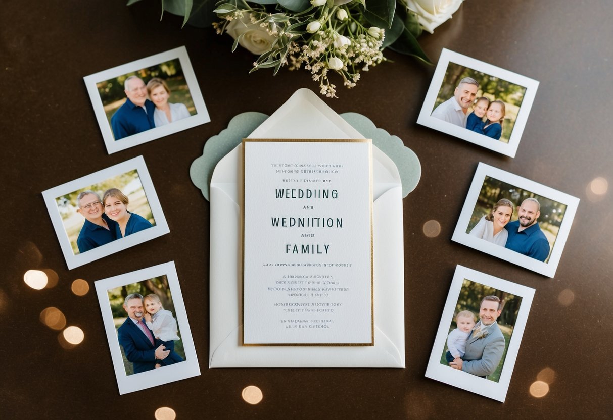 A wedding invitation surrounded by family photos on a table