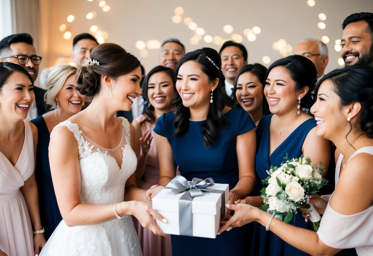 A woman gracefully presents a gift to the bride-to-be, surrounded by a group of joyful friends and family members