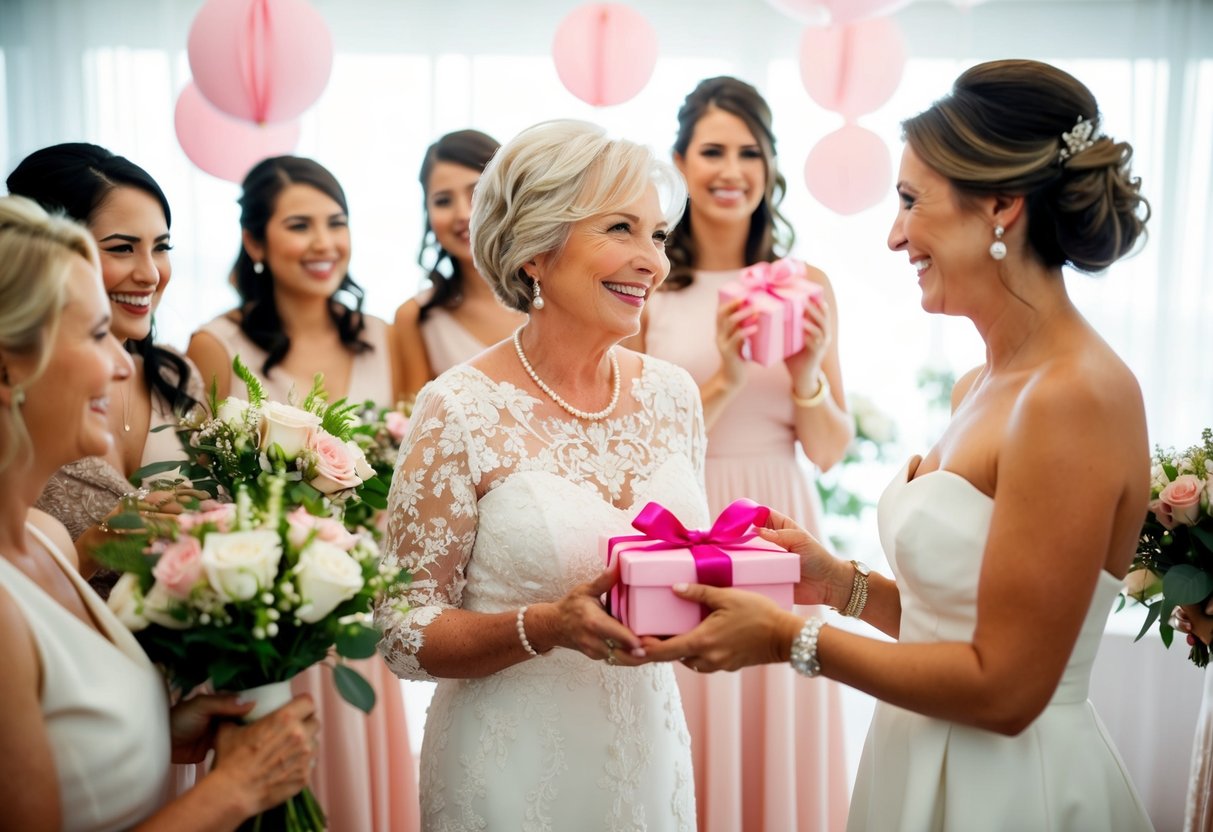 The mother of the bride gracefully presents a thoughtful gift to the bride-to-be at the bridal shower, surrounded by joy and celebration