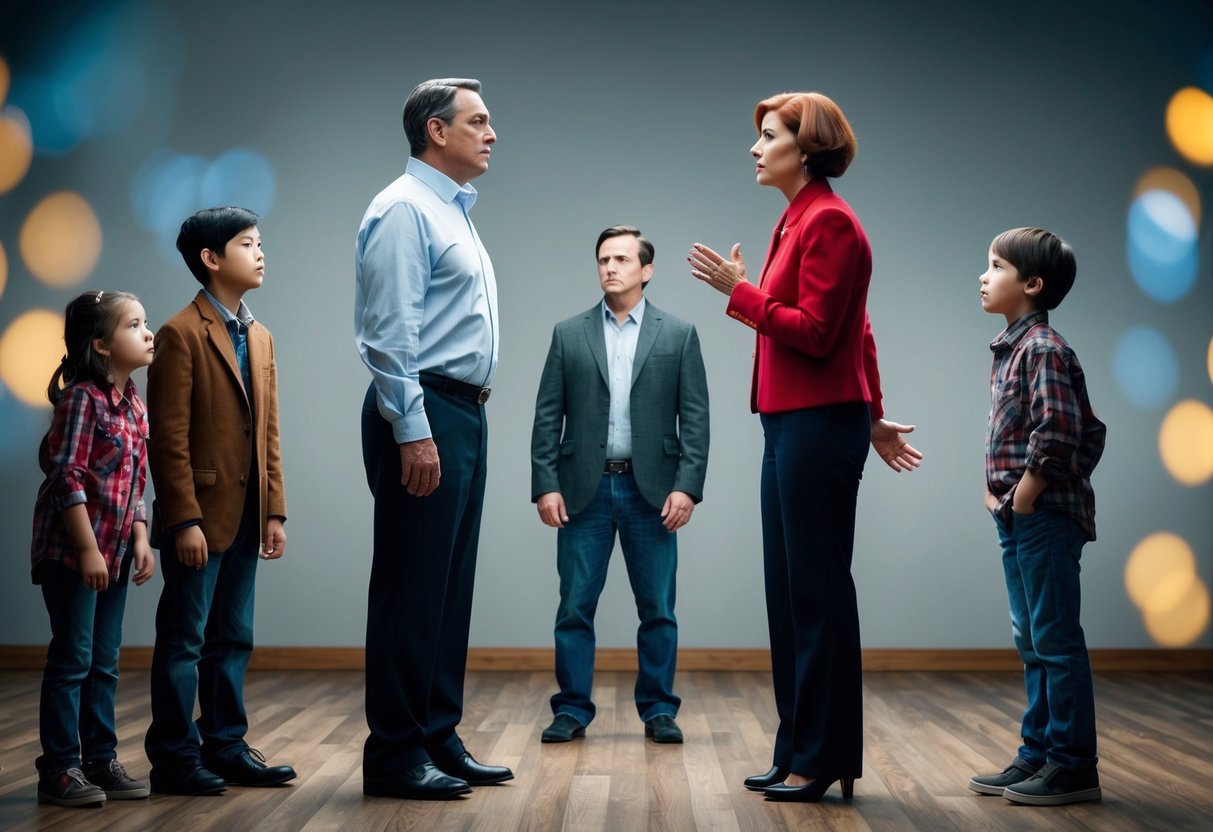 Parents stand on opposite sides, exchanging tense glances. Siblings hover nearby, unsure where to stand. The couple looks on, uncertain