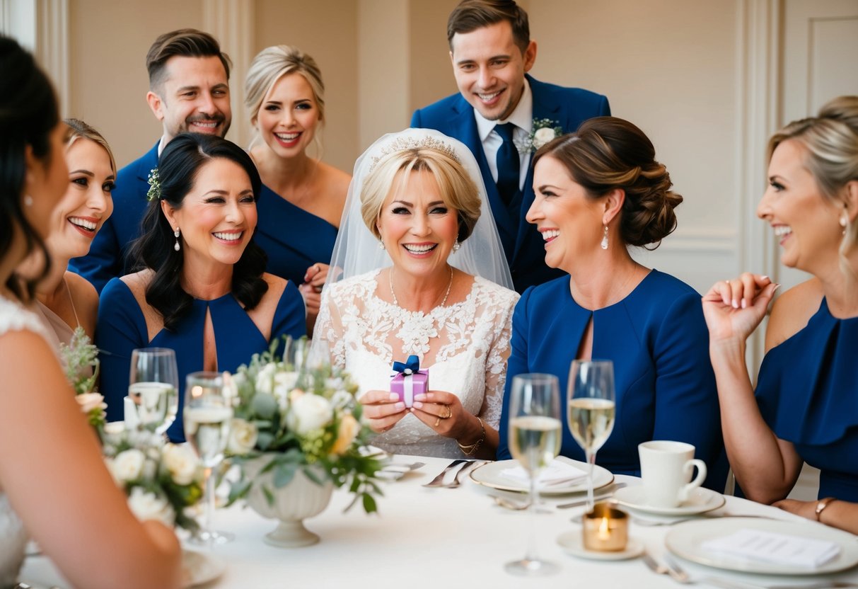 The mother of the bride sits at a table surrounded by the bridal party, engaged in conversation and laughter. She is holding a small gift and smiling warmly