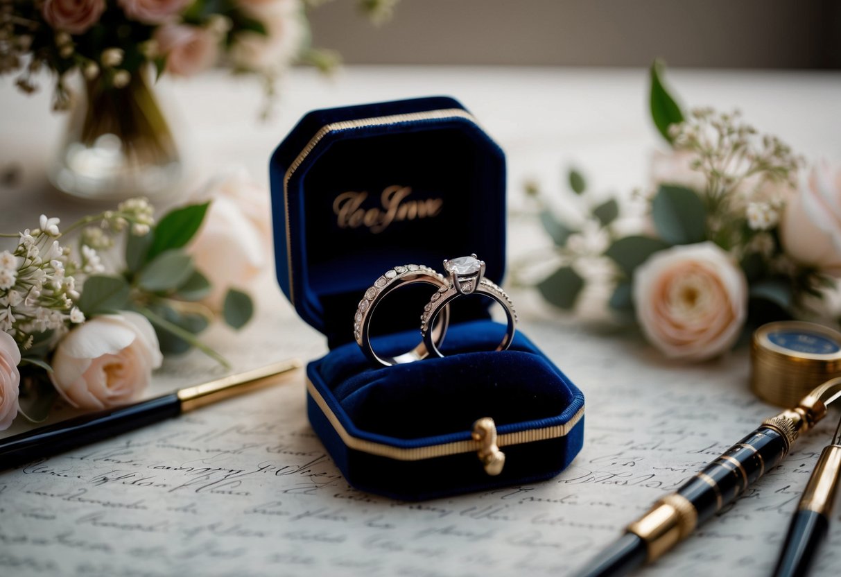 A pair of elegant wedding rings placed on a luxurious velvet cushion, surrounded by delicate floral arrangements and ornate calligraphy tools
