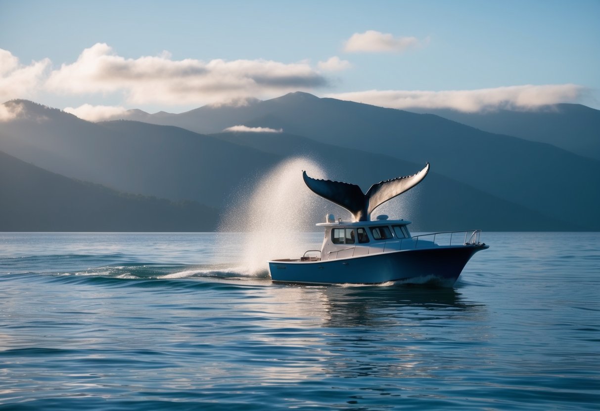 A boat sails on calm waters, surrounded by misty mountains. A humpback whale breaches the surface, its massive tail glistening in the sunlight