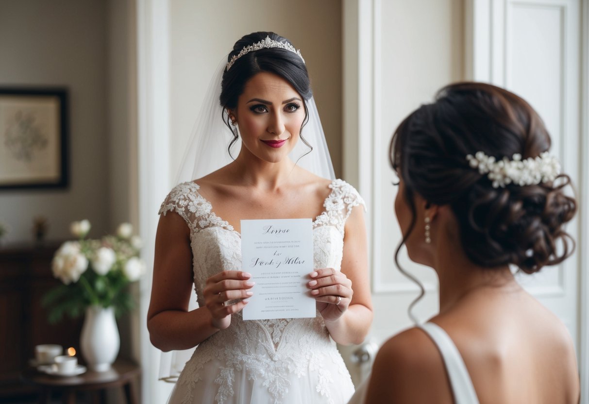 A bride stands in front of a wedding invitation, contemplating whether to send it to her mother