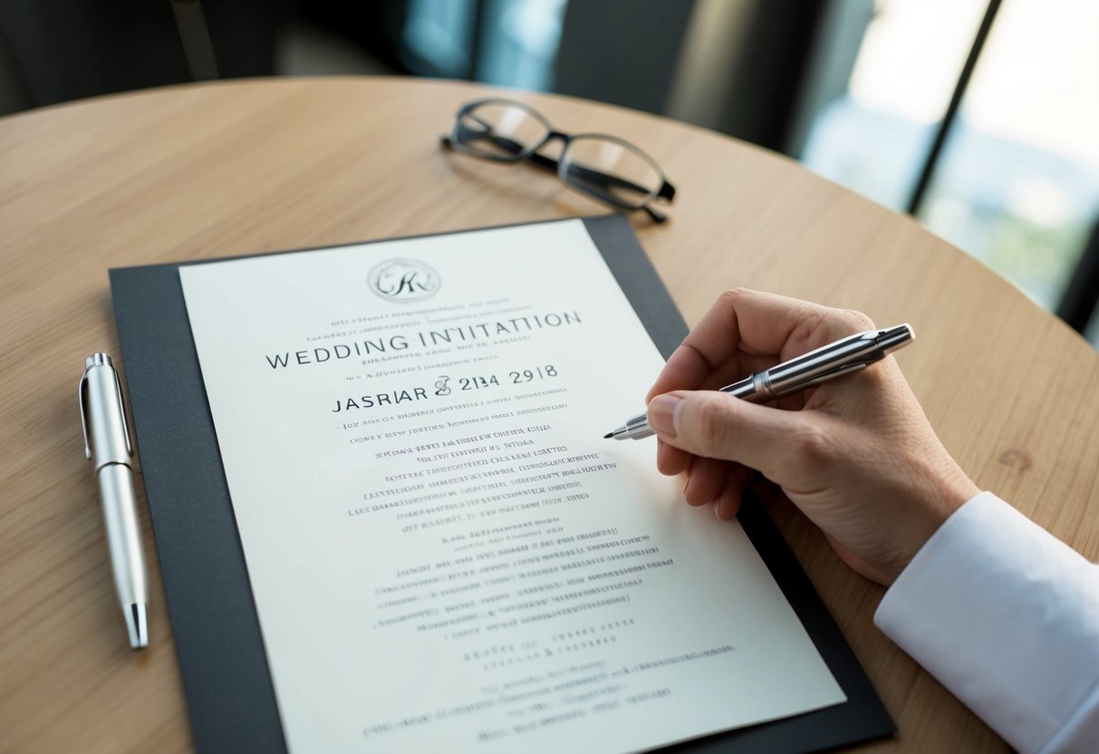 A table with a wedding invitation list, a pen, and a thoughtful expression