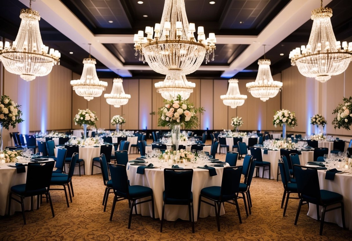 A grand banquet hall filled with elegantly set tables and chairs, adorned with beautiful floral centerpieces and sparkling chandeliers overhead