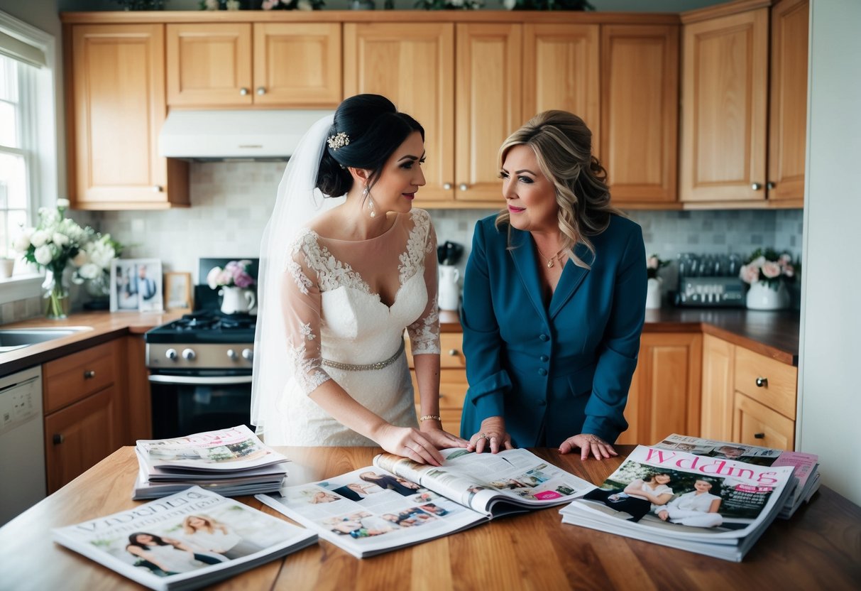 A bride and her mother discussing wedding plans at a cozy kitchen table, surrounded by bridal magazines and a wedding planner