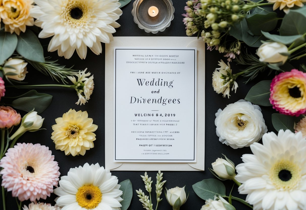 A wedding invitation surrounded by a variety of budget-friendly decor and floral arrangements