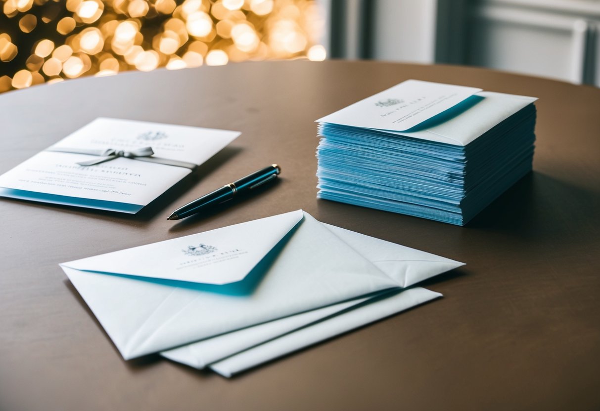 A table with elegant wedding invitations, a pen, and a stack of envelopes ready to be addressed and sent