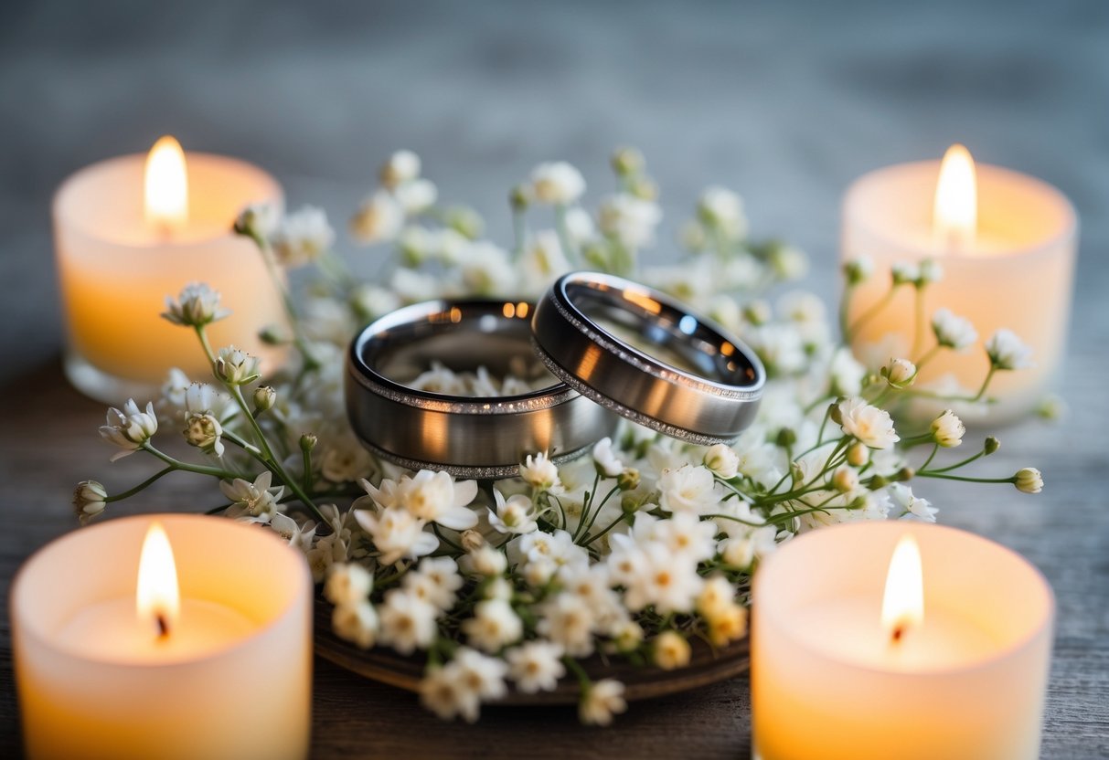 A pair of elegant wedding bands nestled in a bed of delicate white flowers, surrounded by the soft glow of candlelight