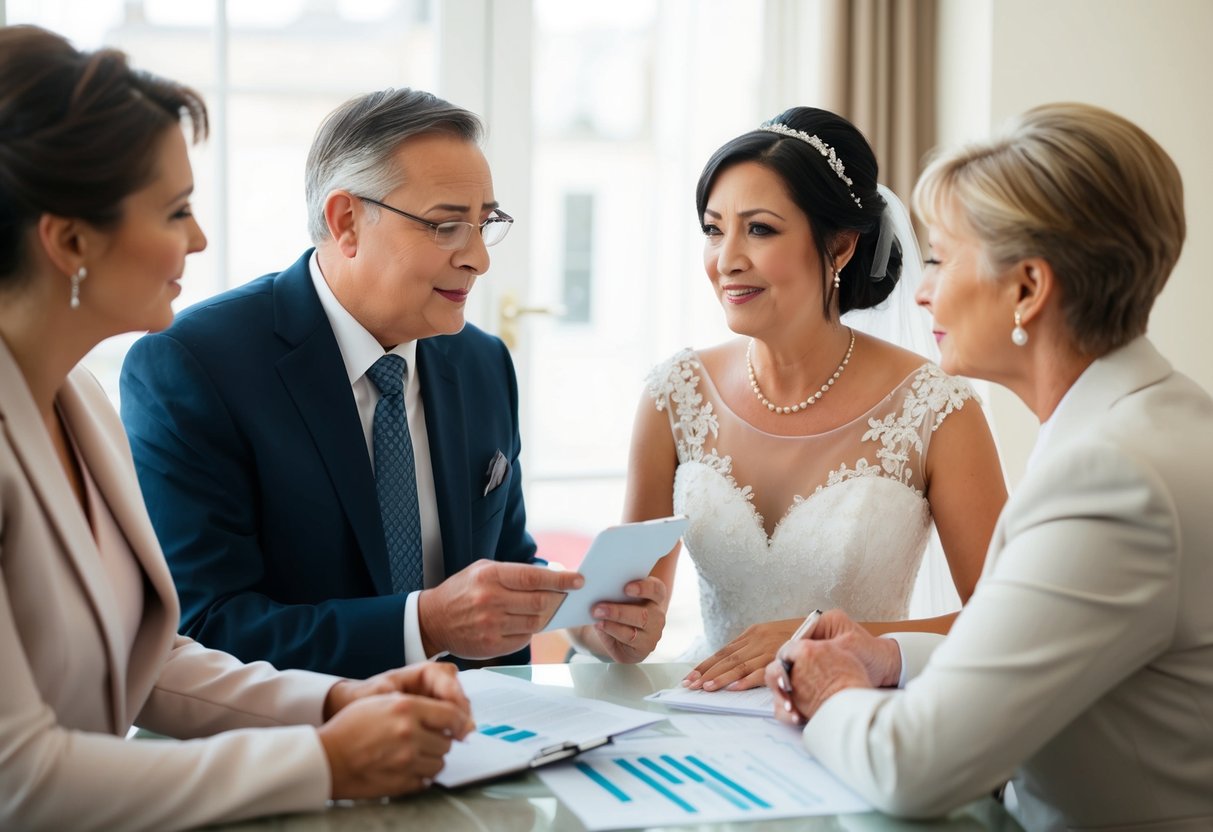 A bride's parents discussing wedding expenses with a financial planner