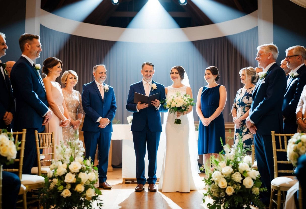 A couple stands at the altar, surrounded by family and friends. A spotlight shines on them as the officiant announces the parents of the bride and groom