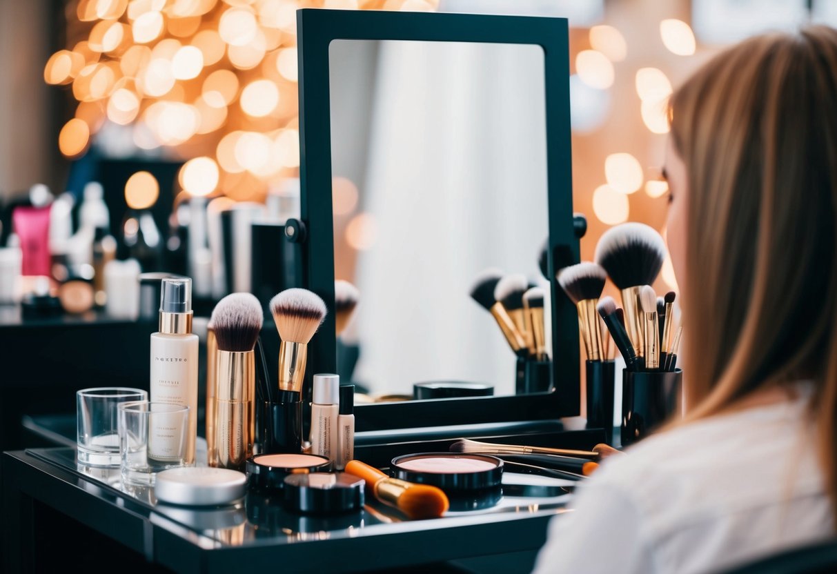 A makeup artist's table with various products, brushes, and a mirror