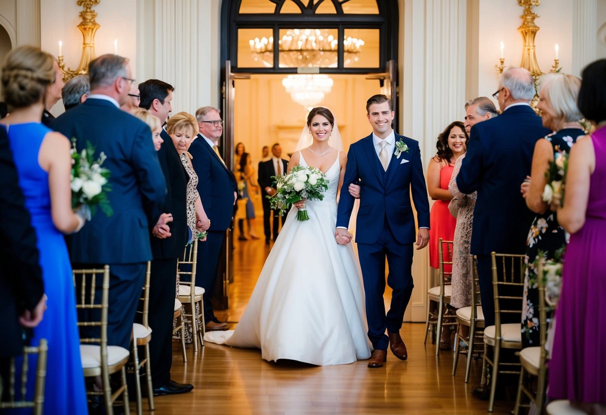 A bride and groom stand at the entrance to a grand reception hall, surrounded by elegant decor and a crowd of guests