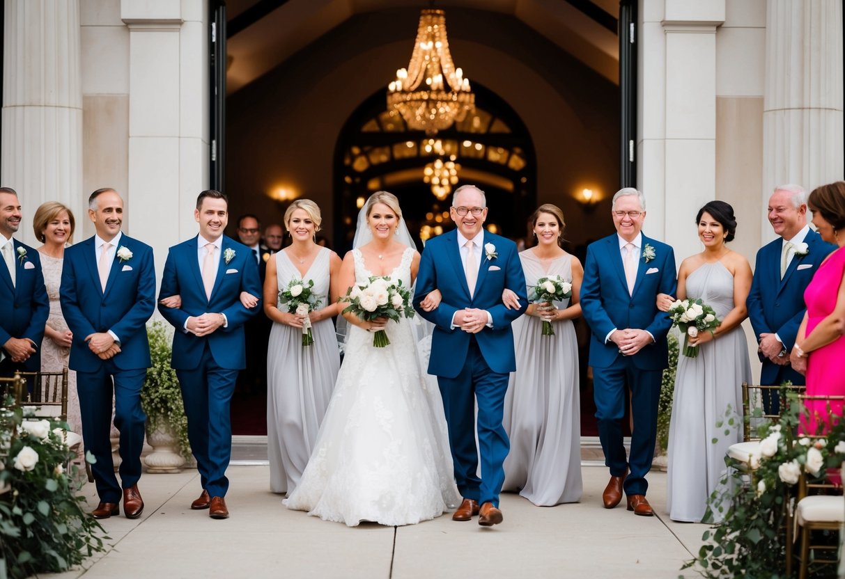The wedding party walks through a grand entrance, with parents being announced as they enter the venue