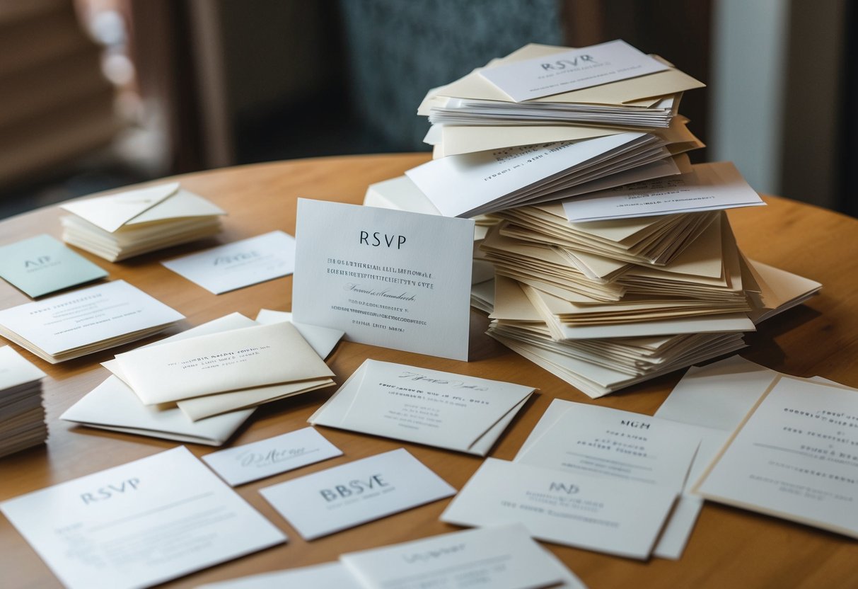A pile of wedding invitations, some opened, some sealed, scattered on a table. A few RSVP cards are filled out, while others remain untouched