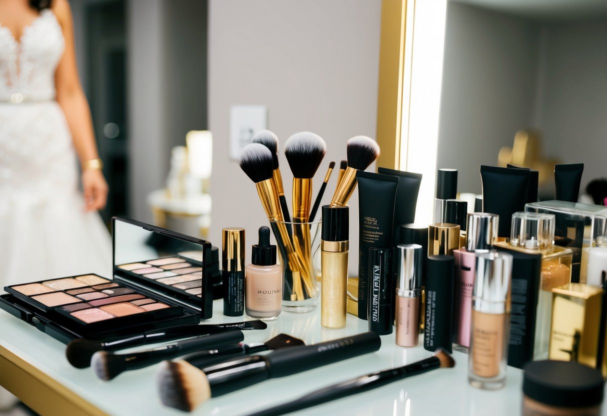 A makeup artist's table with various high-end cosmetic products and tools neatly arranged for a bridal makeup session