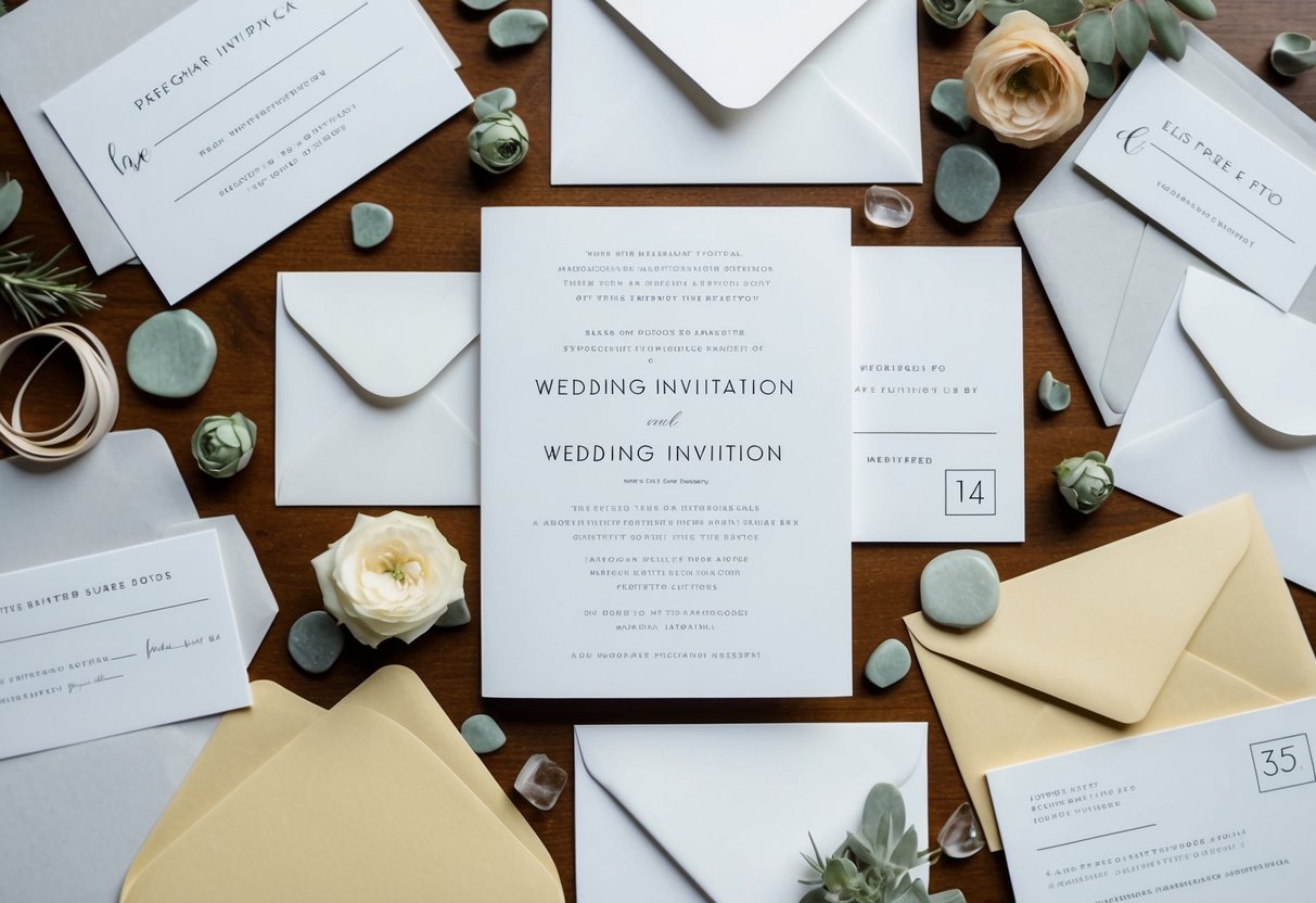 A wedding invitation surrounded by various response cards and envelopes, some filled out and sealed, others blank