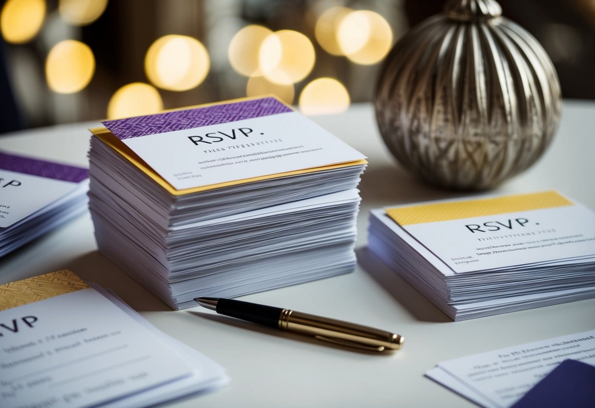 A stack of RSVP cards with varying responses sits on a table, surrounded by a pen and a decorative centerpiece