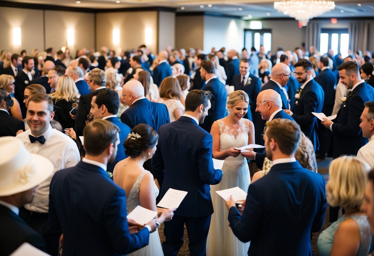 A crowded wedding venue with diverse guests arriving and handing over their RSVP cards to the event staff