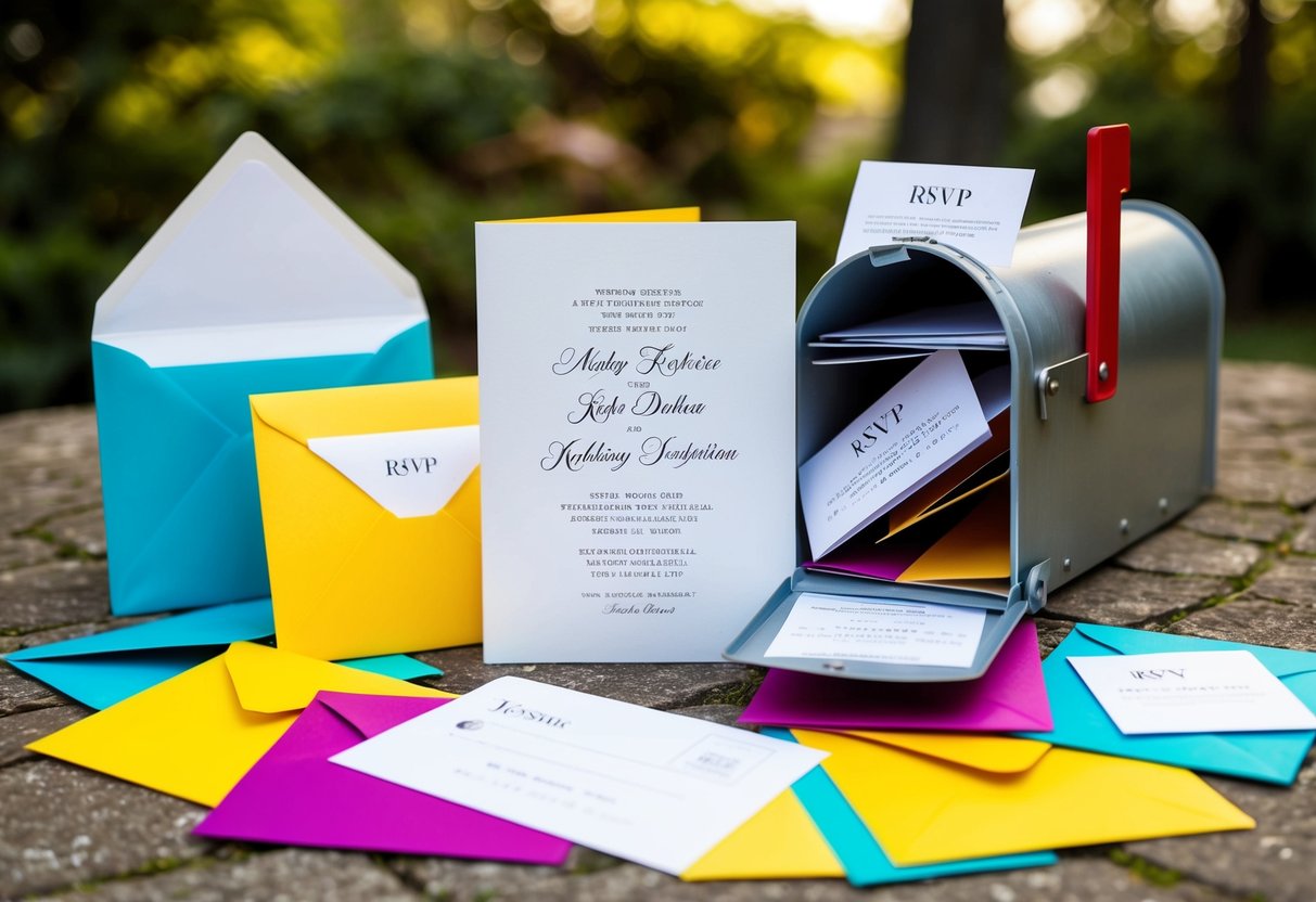 A wedding invitation surrounded by colorful envelopes and a mailbox overflowing with RSVP cards