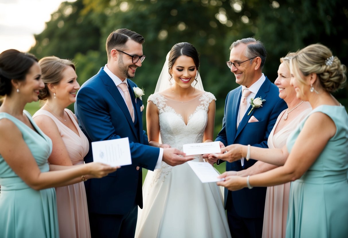 The bride and groom extend invitations to the parents of the bridesmaids