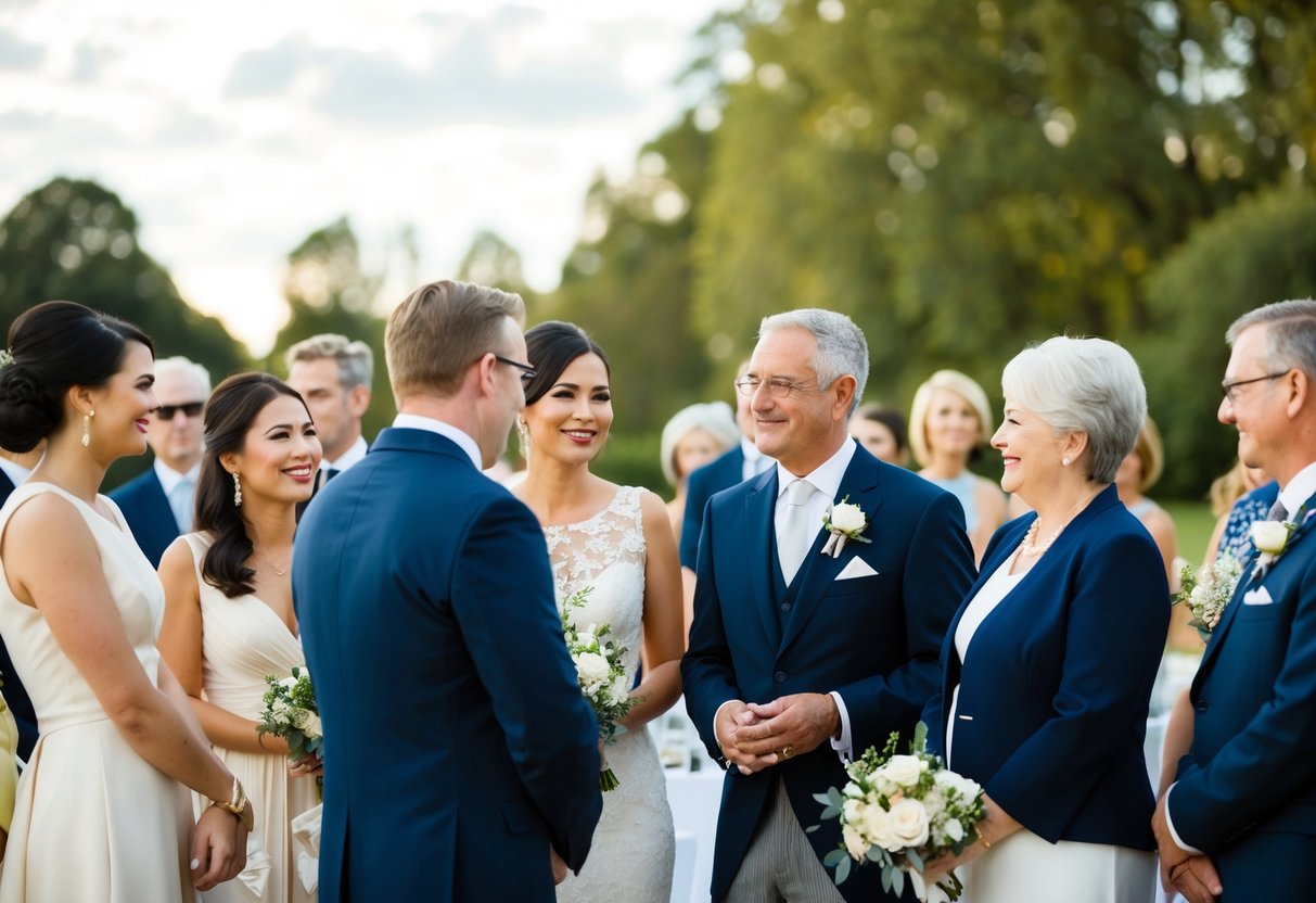A group of elegantly dressed individuals gather at a wedding ceremony, exchanging pleasantries and engaging in conversation