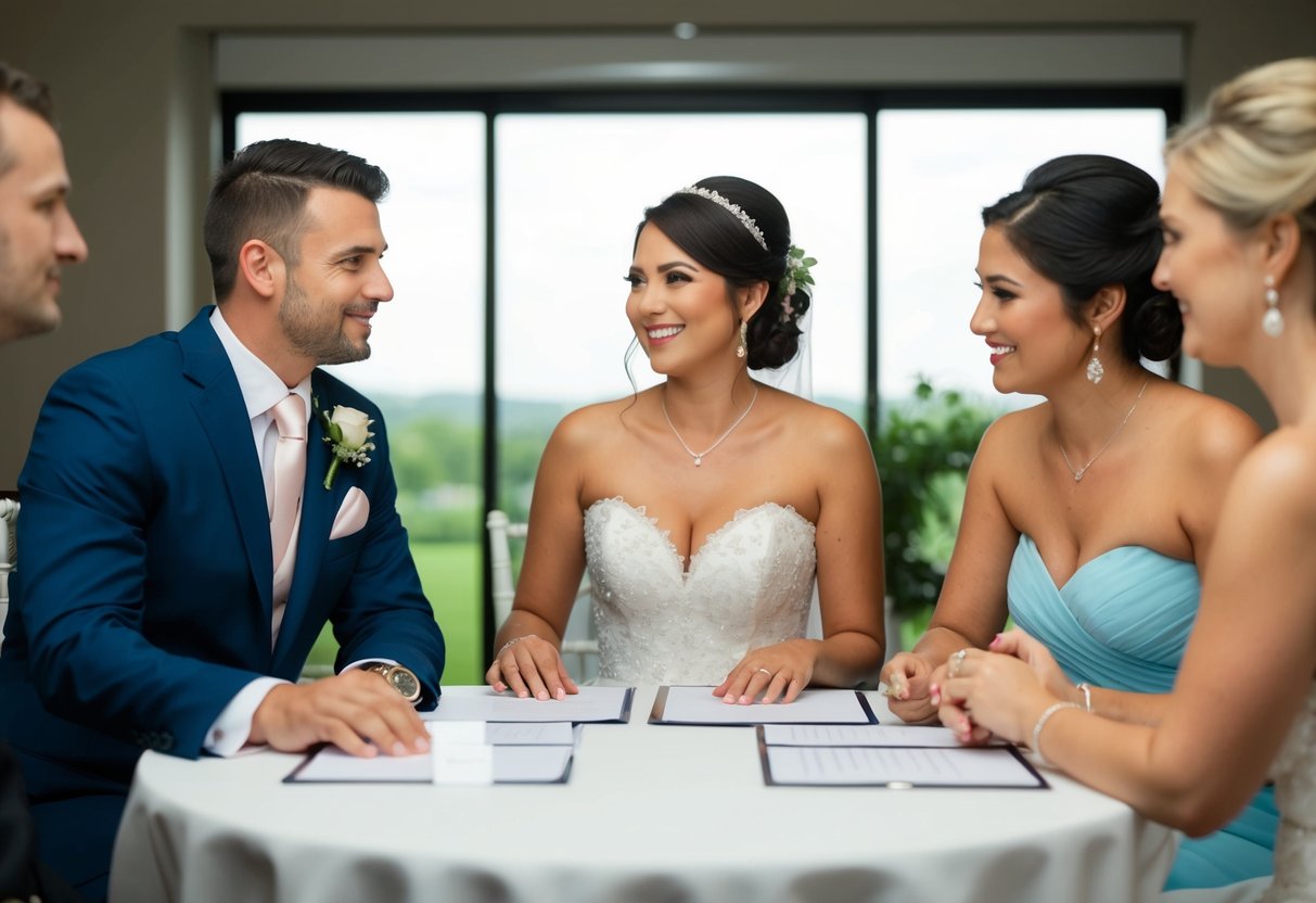 A bride and groom sit at a table with a guest list, discussing whether to invite the parents of their bridesmaids to the wedding