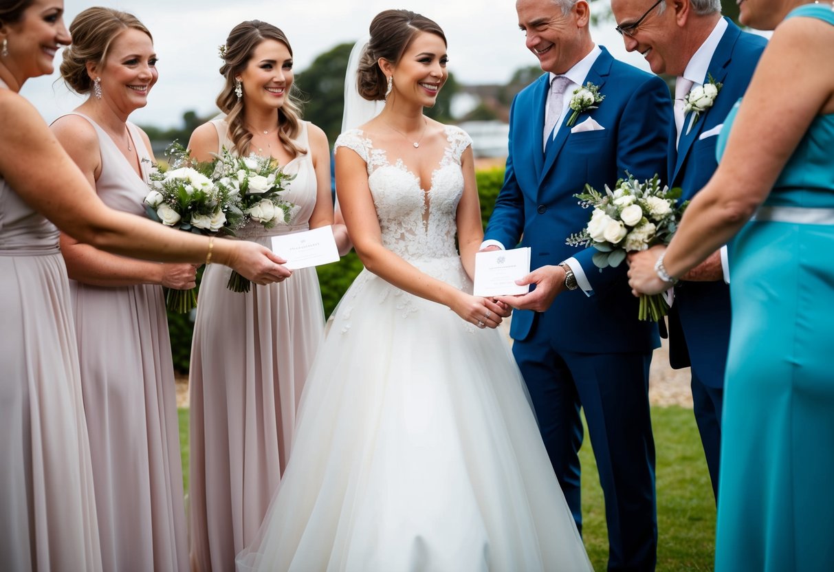 A bride and groom holding hands, surrounded by bridesmaids and their parents, exchanging wedding invitations