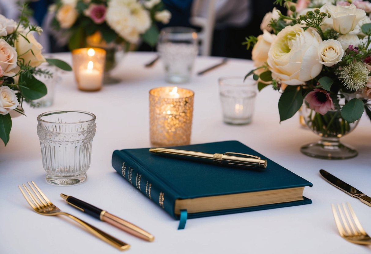 A beautifully decorated table with a pen and elegant book, surrounded by flowers and candles, awaits guests at a wedding reception