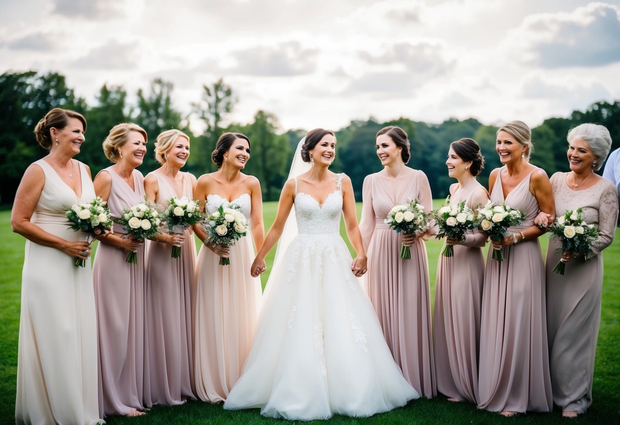 A bride and her bridesmaids stand in a circle, holding hands and smiling. The bride's parents and the bridesmaids' parents watch from the sidelines, filled with joy and pride